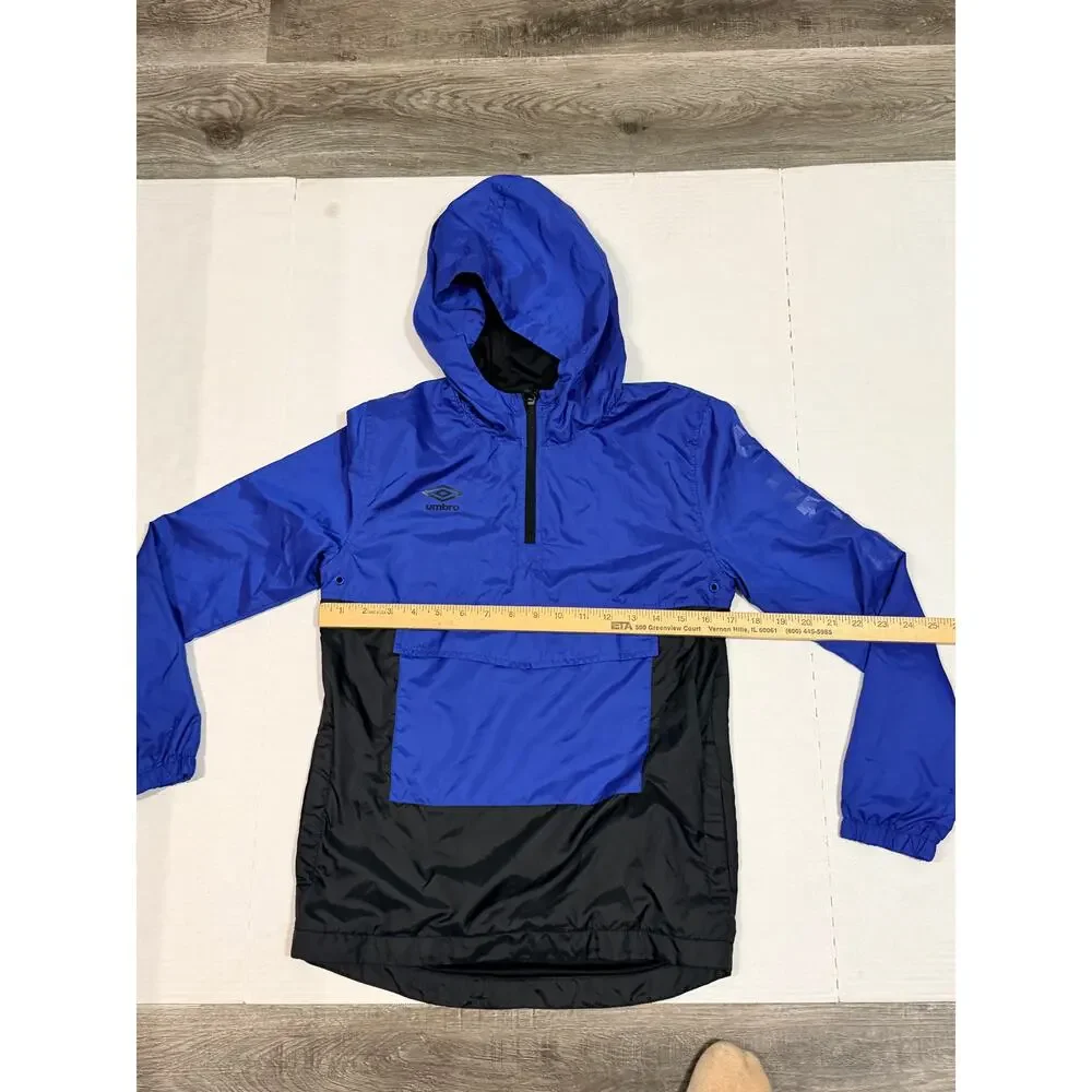 Umbro Boys L 12/14 Anorak Windbreaker Jacket Blue Black Hooded Pullover